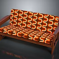 Wooden Frame Sofa With Orange Brown Swirl Pattern Upholstery And Armrests