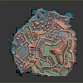 Cartoon Scene Of Fantasy Castle With Pink White Buildings Green Details And Blue Water Waves