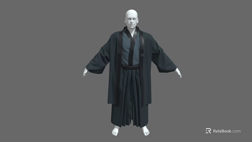 Men's Traditional Black Kimono Style Robe with Wide Sleeves Obi Belt and Pleated Hem 3d model 