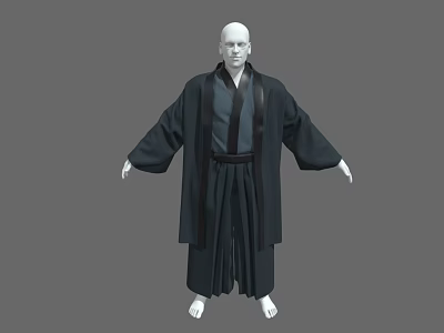 Men's Traditional Black Kimono Style Robe with Wide Sleeves Obi Belt and Pleated Hem 3d model