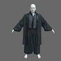 Men's Traditional Black Kimono Style Robe with Wide Sleeves Obi Belt and Pleated Hem