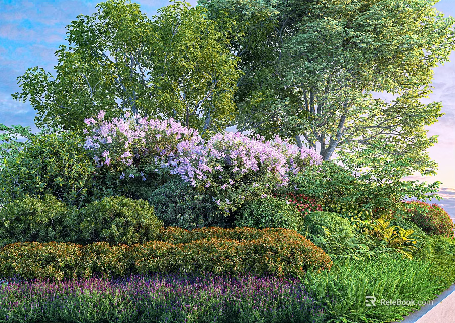 Bushes With Purple Flowers Surrounded By Green Trees In Garden Landscape With Various Plants 3d model 