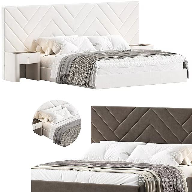 Modern Double Bed With Tufted Diamond Pattern Headboard White Bedding And Gray Blanket 3d model