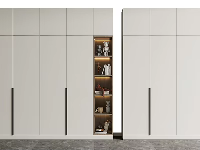 Modern White Wardrobe With Central Open Shelving Featuring LED Lighting And Decorative Items 3d model