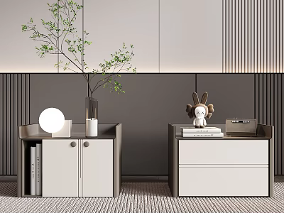 Two Modern Nightstands Featuring Round Lamp Potted Plant Rabbit Plush Books And Storage 3d model