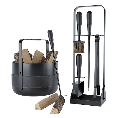 Black Metal Firewood Bucket And Fireplace Tool Set For Household 3d model