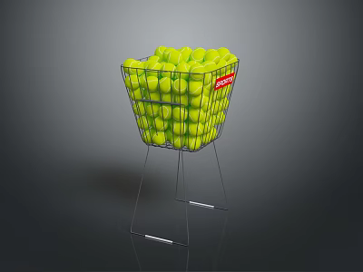 Metal Basket With Yellow Tennis Balls And Red Label On Metal Stand 3d model