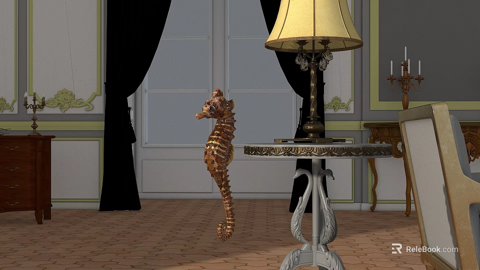 Decorative Seahorse Sculpture In Room With Table Lamp Black Curtains And Wooden Floor 3d model 