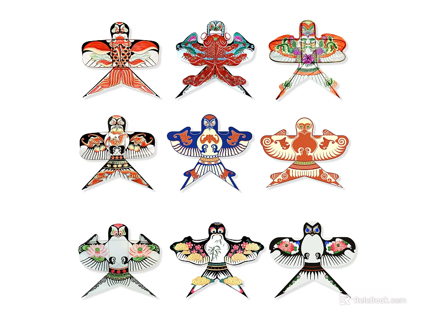 Traditional Colorful Kites Featuring Diverse Artistic Patterns And Creative Designs 3d model 