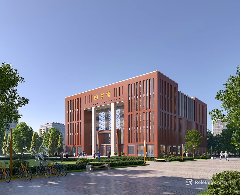 University Library Building Red Brick Structure Large Glass Windows Plaza With Bicycles And Trees 3d model 