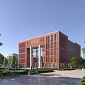 University Library Building Red Brick Structure Large Glass Windows Plaza With Bicycles And Trees