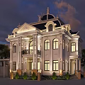 Elegant White Exterior Detached Villa With Black Roof Dome Statue And Balcony