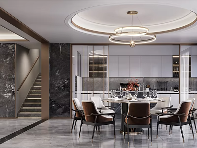 Modern Duplex Living Room With Round Chandelier Staircase And Leather Dining Chairs 3d model