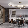 Modern Duplex Living Room With Round Chandelier Staircase And Leather Dining Chairs