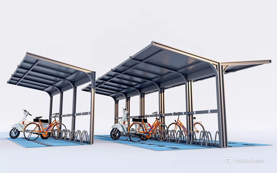 Outdoor Bicycle Canopy With Metal Structure For Orange Bikes On Blue Floor 3d model 