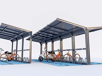 Outdoor Bicycle Canopy With Metal Structure For Orange Bikes On Blue Floor 3d model