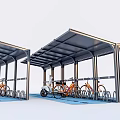 Outdoor Bicycle Canopy With Metal Structure For Orange Bikes On Blue Floor