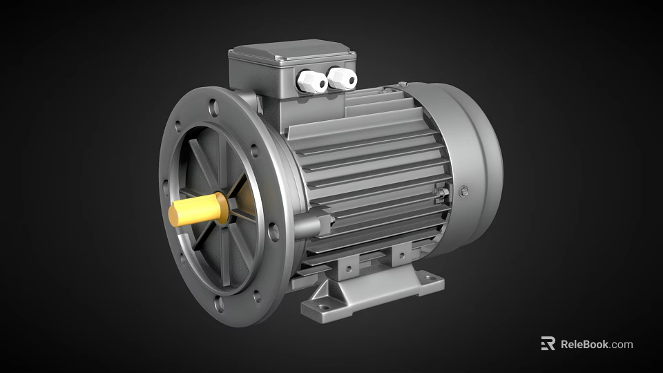 Industrial Electric Motor With Metal Housing Yellow Shaft And Terminal Box 3d model 