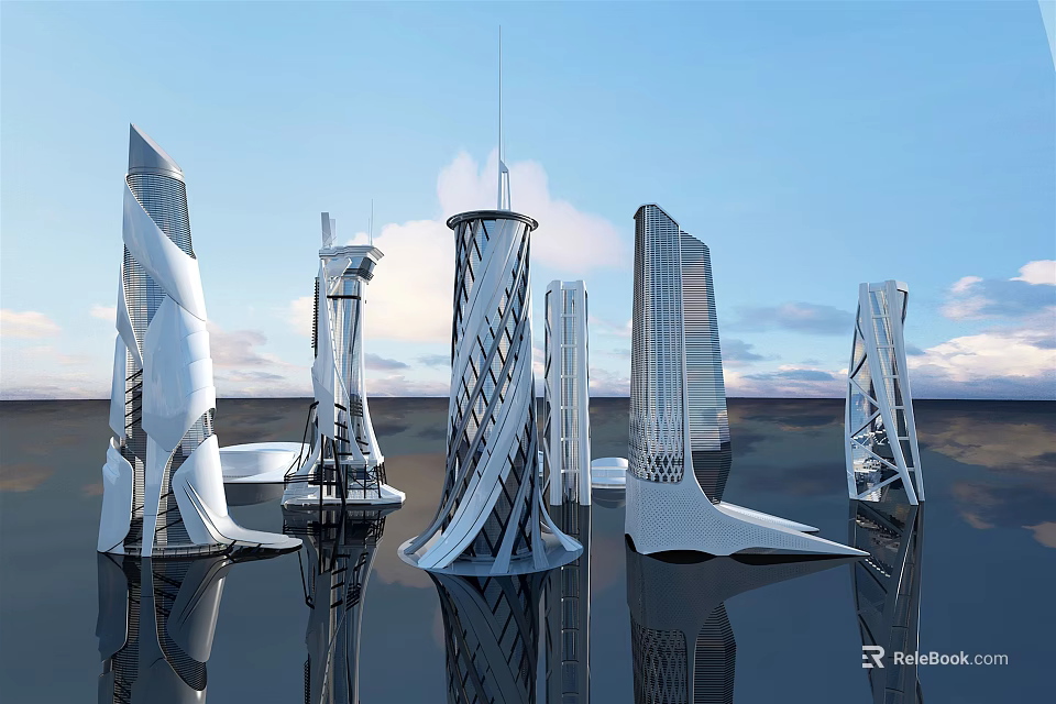 Futuristic Skyscrapers With Unique Curved Design And Water Reflection In Blue Sky 3d model 