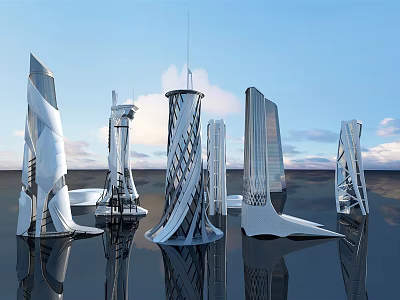 Futuristic Skyscrapers With Unique Curved Design And Water Reflection In Blue Sky 3d model