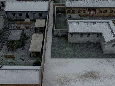 Snowy Winter Landscape with Snow Covered Houses and Courtyard Scenery 3d model