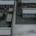 Snowy Winter Landscape with Snow Covered Houses and Courtyard Scenery