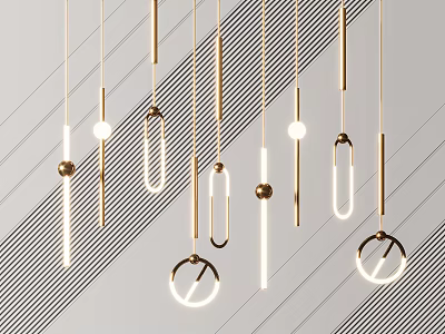 Modern Minimalist Gold Pendant Lights With Metal Strips Rings Spheres And Striped Backdrop 3d model