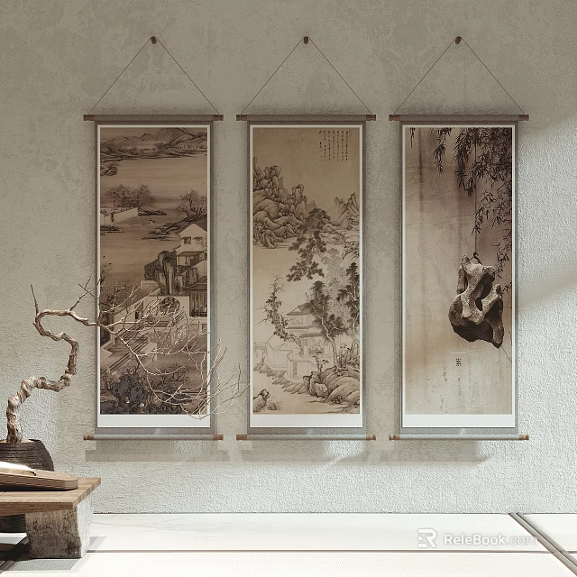 Traditional Landscape Paintings Hanging on Wall with Scroll Frames and Scenic Mountain Tree Views 3d model 