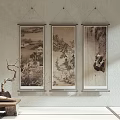 Traditional Landscape Paintings Hanging on Wall with Scroll Frames and Scenic Mountain Tree Views
