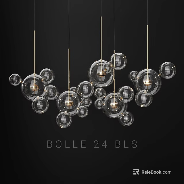 Elegant Modern Chandelier With Multiple Transparent Glass Balls Hanging On Golden Chains 3d model 