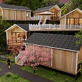 Wooden Guesthouse Buildings With Balconies Amid Cherry Blossom Trees And Green Lawn