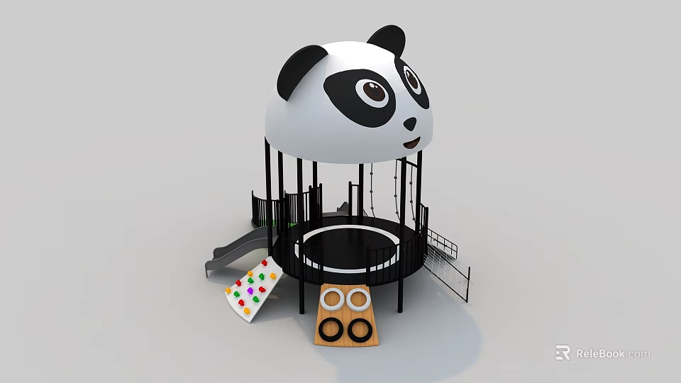 Kids Play Area With Panda Head Shaped Structure Trampoline Slide And Colorful Play Mats 3d model 