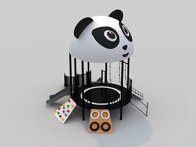 Kids Play Area With Panda Head Shaped Structure Trampoline Slide And Colorful Play Mats 3d model