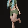 3D Rendered Woman With Turquoise Long Hair Sheep Horn Headpiece Green Short Skirt Different Poses
