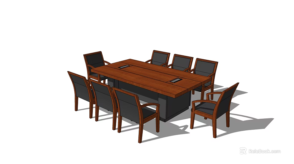 Long Wooden Conference Table With Eight Dark Upholstered Chairs For Meeting Room 3d model 