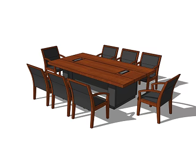 Long Wooden Conference Table With Eight Dark Upholstered Chairs For Meeting Room 3d model