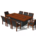Long Wooden Conference Table With Eight Dark Upholstered Chairs For Meeting Room
