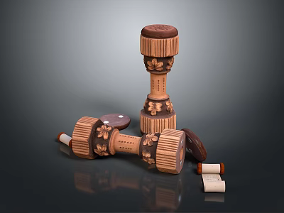 Pair of Wooden Dumbbells As Household Fitness Tools With Small Blocks And Cylindrical Parts 3d model