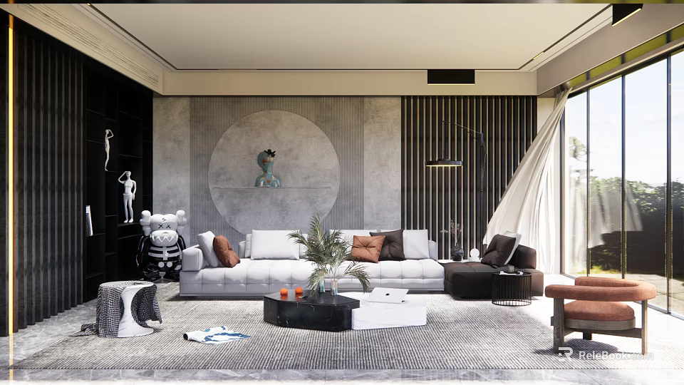 Modern Sofa And Coffee Table Set With Brown Pillows Decorative Plant And Wall Design 3d model