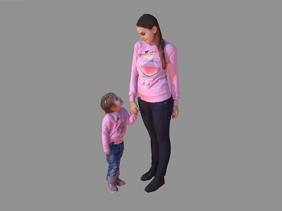 Woman And Child Holding Hands In Pink Shark Tops And Different Bottoms 3d model