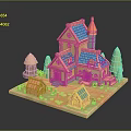 Fairy Tale Themed 3D Model Scene With Small Houses Trees And Mushroom Hut