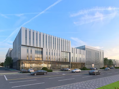 Modern Office Building With Glass Curtain Walls Multiple Structures Road Vehicles And Greenery 3d model