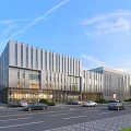 Modern Office Building With Glass Curtain Walls Multiple Structures Road Vehicles And Greenery