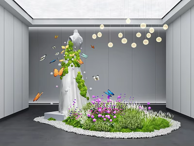 Vibrant Indoor Landscape With White Sculpture Green Plants Butterflies And Round Lights 3d model