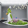 Vibrant Indoor Landscape With White Sculpture Green Plants Butterflies And Round Lights