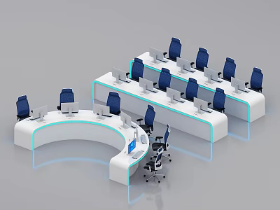 Modern Office Desks With Curved Design White Countertop Blue Chairs And Computers 3d model
