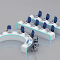 Modern Office Desks With Curved Design White Countertop Blue Chairs And Computers