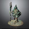 Teal Mythical Character With Creature Features Holding Staff On Patterned Base 3d model