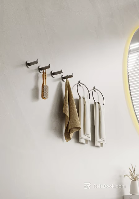 Minimalist Wall Mounted Storage Rack With Hooks For Hanging Towels And Brush In Bathroom 3d model 