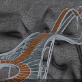 Modern Winding Bridge With Orange Walkway And White Structure In Mountainous Landscape